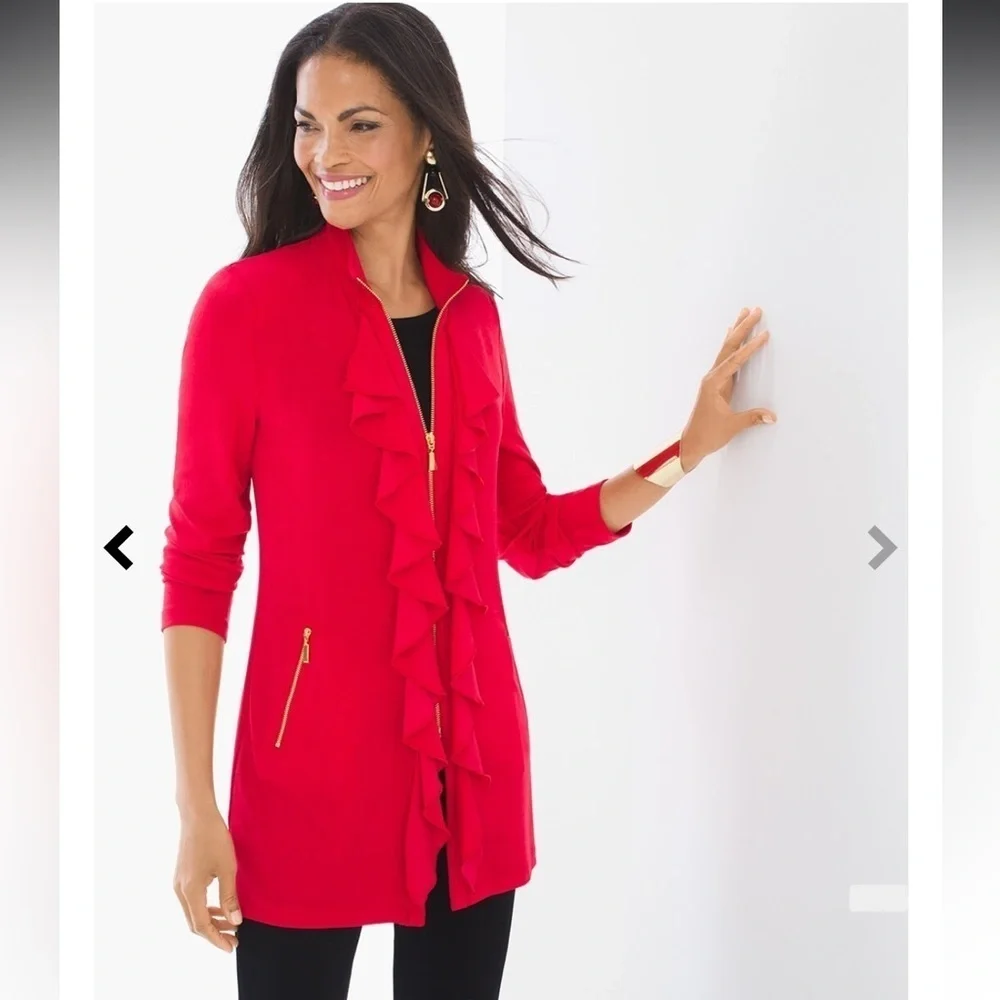 Chicos Ref Travelers Ruffled Front Zip Front Jacket Womens Size 2 (L)